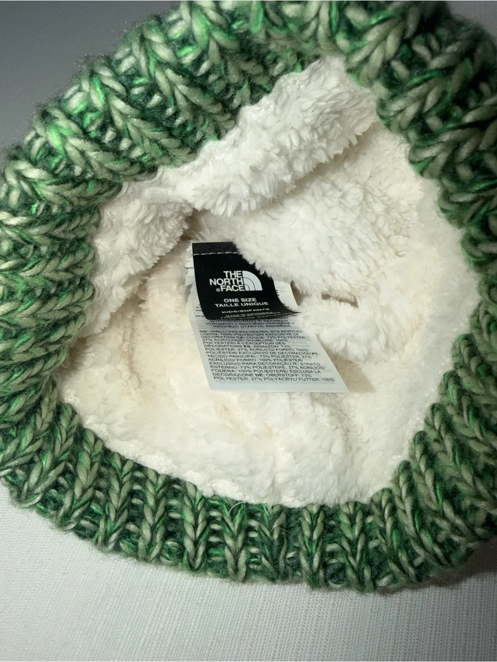 The North Face Women’s Green Marled Knit Pom Beanie Sherpa Fleece Lined OS